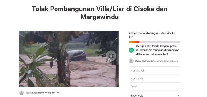 Tangkapan Layar Petisi Tolak Pembangunan Villa/Liar di Cisoka dan Margawindu