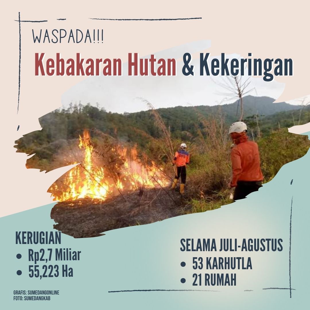 Wakil Bupati Sumedang Erwan Setiawan menyebutkan berdasarkan infografis bencana di Kabupaten Sumedang, selama bulan Juli sampai Agustus 2023 tercatat 53 kejadian kebakaran hutan dan lahan (Karhutla) serta 21 rumah.