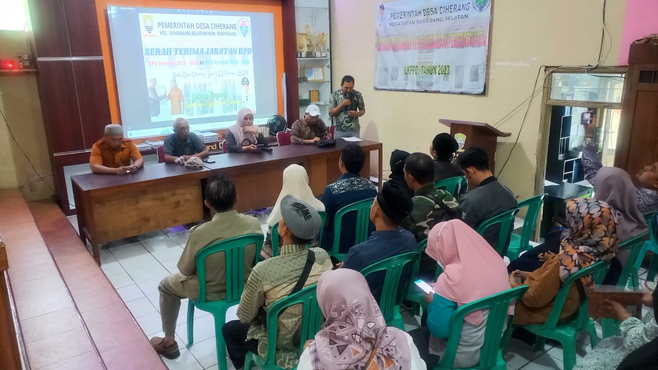 Pemerintah Desa Ciherang Kecamatan Sumedang Selatan Kabupaten Sumedang menggelar Serah Terima Jabatan BPD Periode 2018-2024 ke BPD Periode 2024-2030 di Balai Kantor Desa Ciherang. Jumat, 22 Maret 2024.