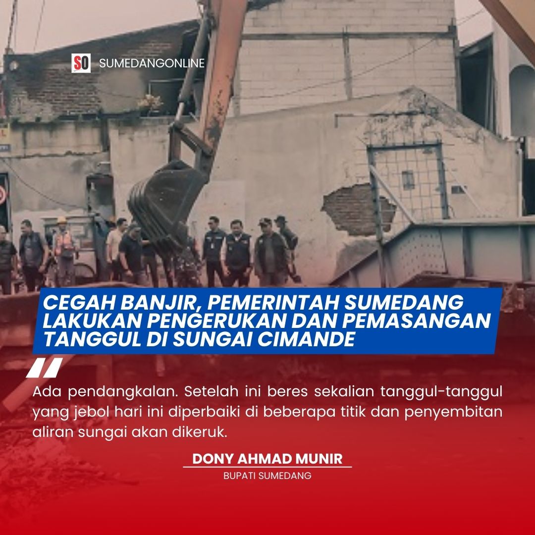 Pengerukan dan pemasangan tanggul di Sungai Cimande dilakukan sebagai langkah pencegahan banjir di wilayah Cimanggung, Minggu (16/3/2025). Untuk memperlancar proses tersebut, pemerintah mengerahkan dua alat Backhoe Excavator, empat Dump Truck, serta 200 petugas dari BPBD, BASARNAS, dan unsur terkait lainnya guna membersihkan sedimen dan sampah di sekitar Jembatan Pansor.