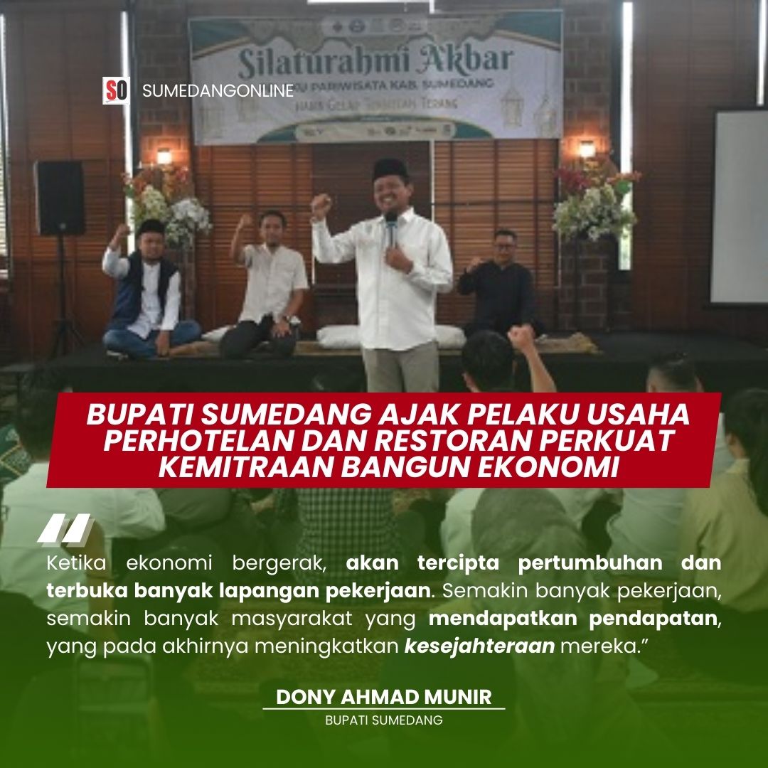 Bupati Sumedang, Dony Ahmad Munir, mengajak para pelaku usaha perhotelan dan restoran untuk memperkuat kemitraan dengan pemerintah dalam membangun perekonomian daerah. Hal ini disampaikannya saat menghadiri Silaturahmi Akbar Perhimpunan Hotel dan Restoran Indonesia (PHRI) Kabupaten Sumedang yang berlangsung di Saphire City Park (Sacipa) pada Senin (17/3/2025).