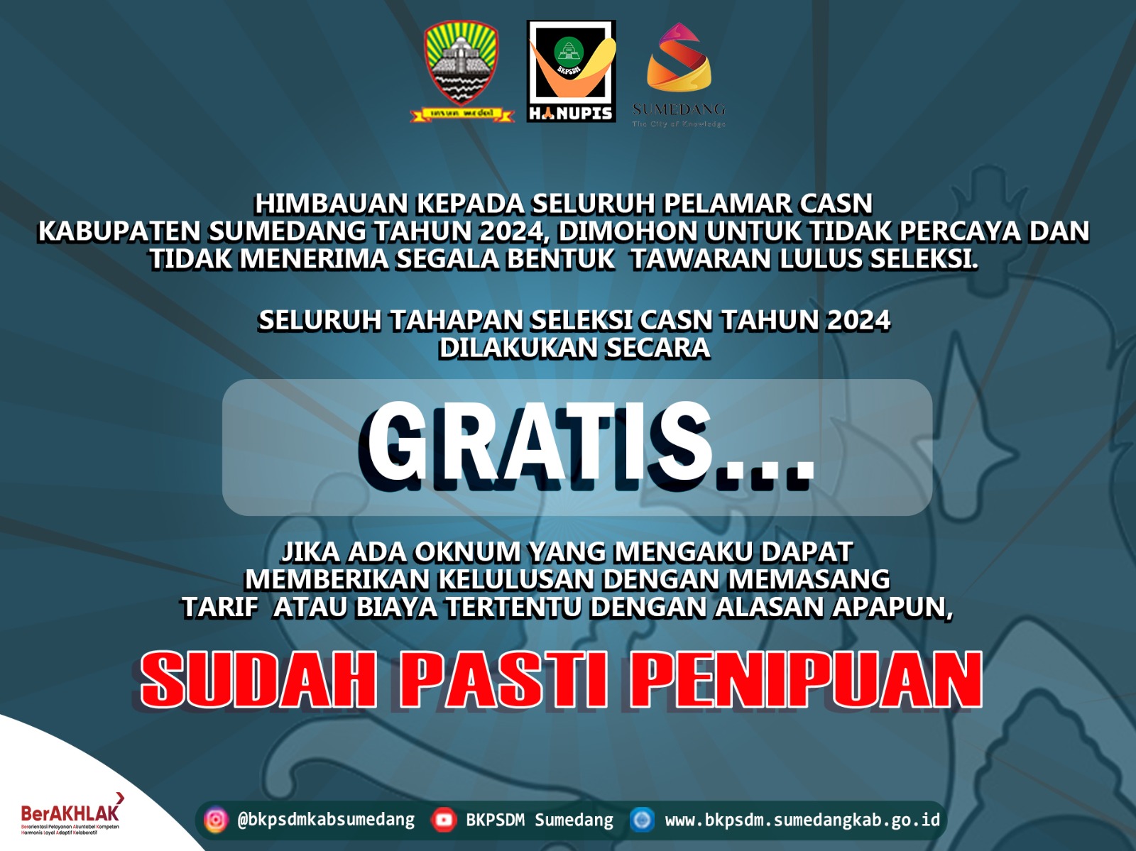 Pemerintah Kabupaten Sumedang melalui Badan Kepegawaian dan Pengembangan Sumber Daya Manusia (BKPSDM) akan menggelar Seleksi Kompetensi Pegawai Pemerintah dengan Perjanjian Kerja (PPPK) Tahap 2 untuk Formasi Tahun 2024. Ujian akan dilangsungkan di Hotel Karang Setra, Bandung, mulai 17 hingga 19 Mei 2025, dan diikuti oleh sebanyak 2.451 peserta.