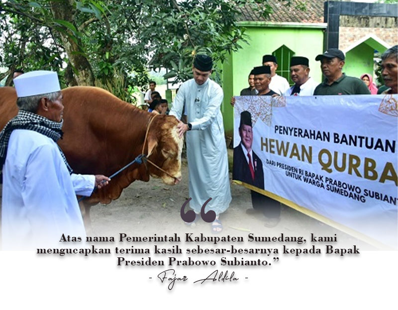 Presiden Republik Indonesia Prabowo Subianto memberikan bantuan sapi kurban yang diserahkan kepada Masjid Qurrota Ayun, di bawah naungan Yayasan Pendidikan Islam Choirunnisa, Dusun Darmawangi RT 01 RW 01.