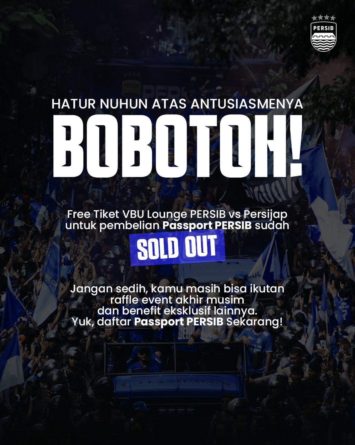 Media sosial PERSIB Bandung mengumumkan tiket gratis VBU Lounge untuk pertandingan PERSIB melawan Persijap Jepara khusus pemilik Passport PERSIB telah habis per Jumat (22/05/2026) pukul 11.00 WIB.